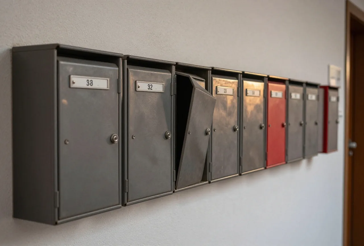 Eine Reihe metallener Briefkästen im Eingang eines Mehrfamilienhauses, einer ist leicht verbogen, weiches Abendlicht