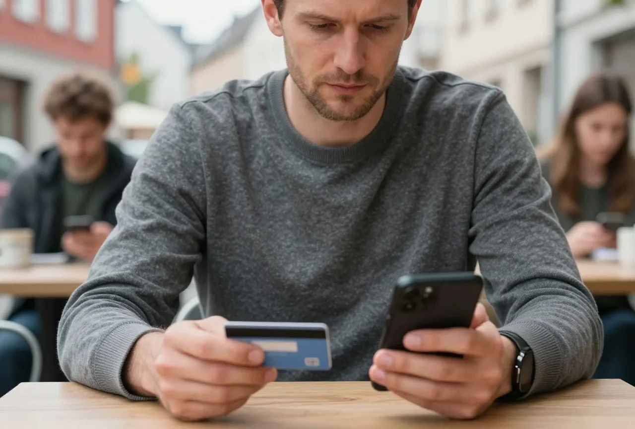 Ein Mann in den Vierzigern hält im Café eine Bezahlkarte, vor ihm liegt ein Smartphone mit dem Bildschirm nach unten