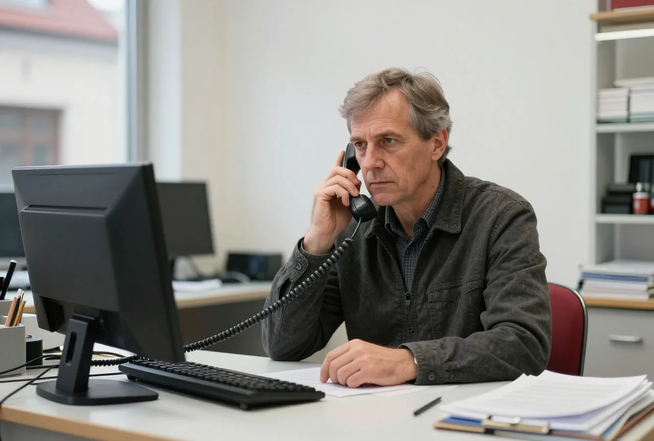 Ein Ladeninhaber in den Fünfzigern telefoniert in einem kleinen Büro im Hinterzimmer mit ernster Miene