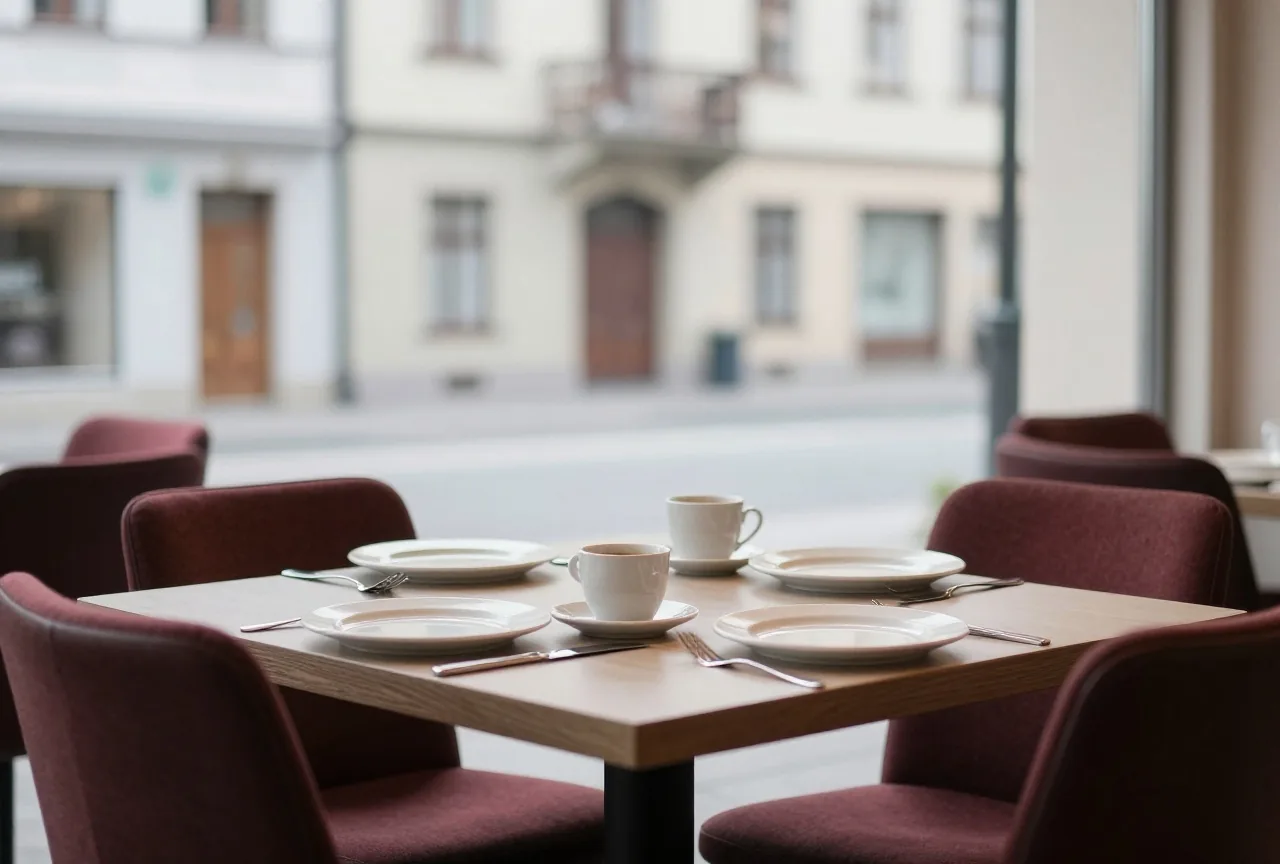 Ein Restauranttisch nach einem Geschäftsessen mit leeren Tellern und zwei Kaffeetassen, die Stühle sind zurückgeschoben