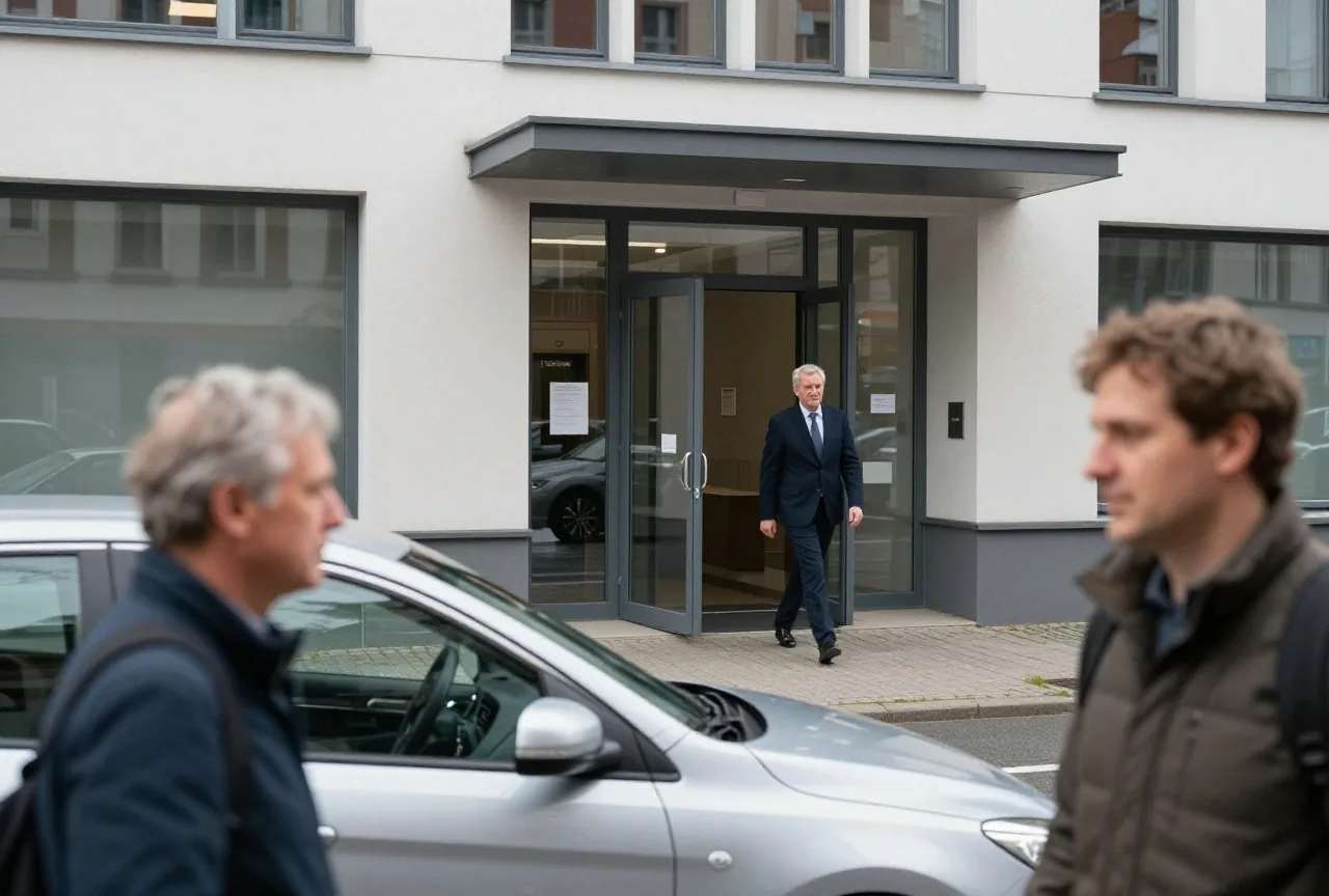 Ein silbernes Auto parkt am bewölkten Morgen vor einem modernen Bürogebäude, ein Mann im Anzug geht zum Eingang