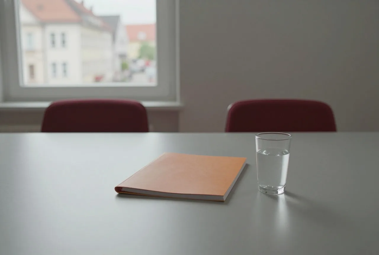 Ein ruhiger Besprechungsraum mit geschlossener Mappe und einem Glas Wasser, zwei leere Stühle stehen sich gegenüber