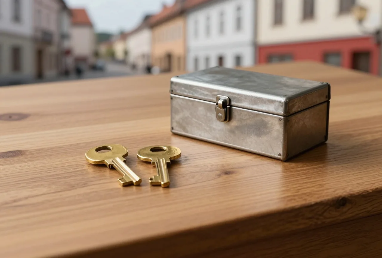 Zwei Schlüssel aus Messing liegen nebeneinander auf einem polierten Holzschreibtisch neben einer kleinen verschlossenen Metallkassette