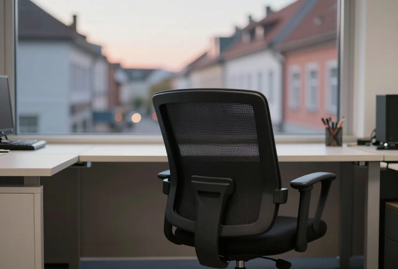Ein leerer Bürostuhl steht in einem ruhigen Büro in der Dämmerung vom Schreibtisch weggerückt, über der Lehne hängt eine Jacke