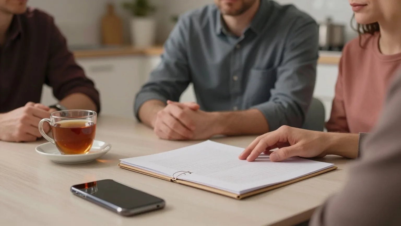Ein Küchentisch im Abendlicht mit Teetasse, geschlossener Mappe und umgedrehtem Smartphone, eine Hand liegt ruhig darauf