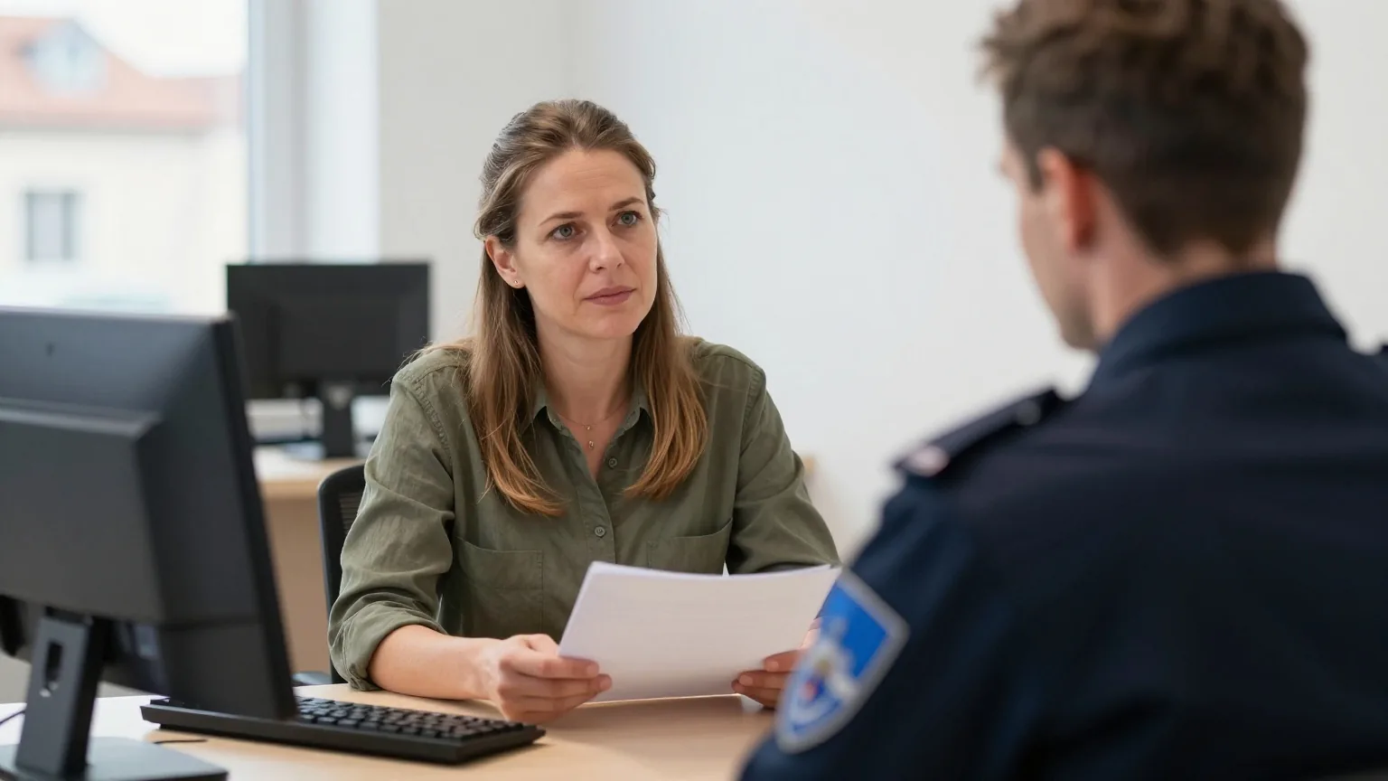 Eine Frau in den Vierzigern sitzt in einer hellen Polizeiwache am Holztisch und spricht mit einem Beamten