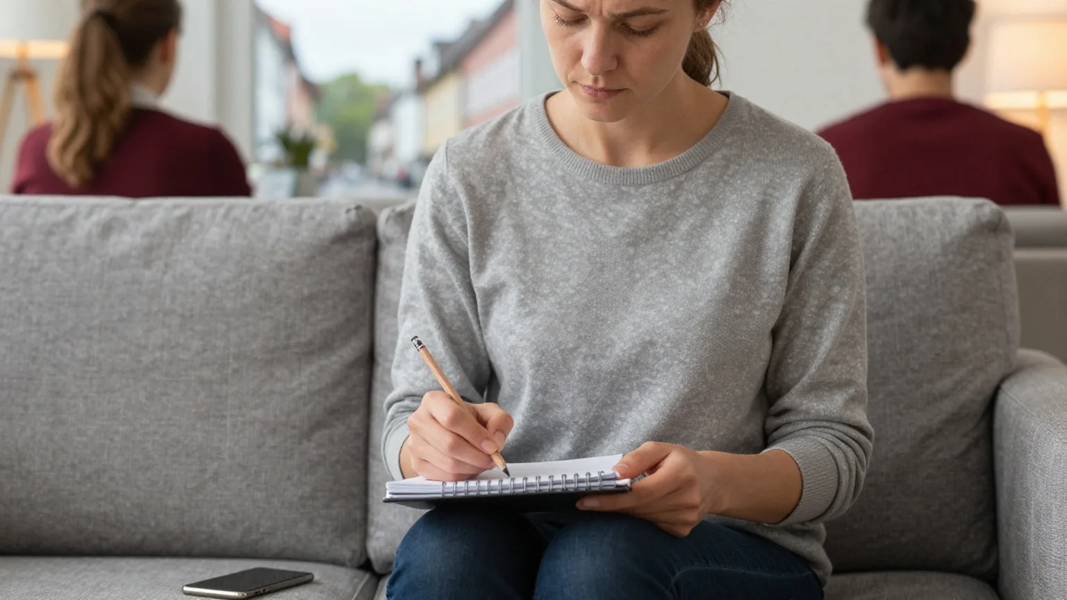 Eine Frau in den Dreißigern sitzt auf dem Sofa und notiert mit Bleistift eine Liste auf einem Block