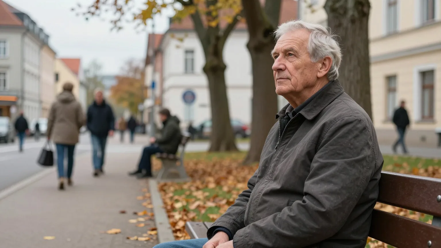 Ein Mann in den Siebzigern sitzt im Herbst nachdenklich auf einer Parkbank, Laub auf dem Weg