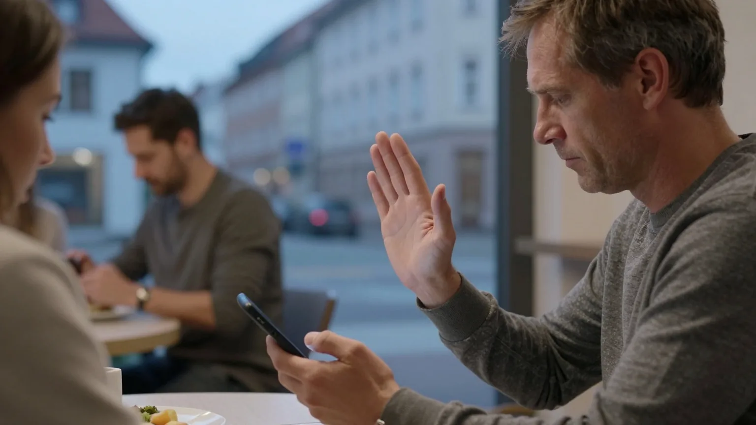 Ein Mann in den Fünfzigern sitzt am Esstisch, hält ein Telefon und hebt abwehrend die andere Hand