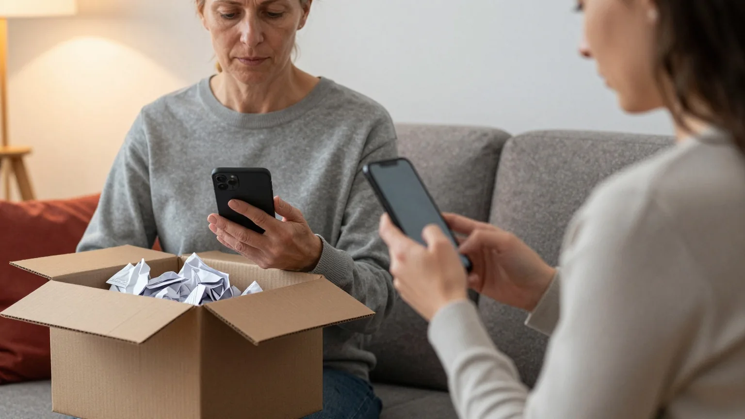 Eine Frau in den Sechzigern sitzt mit dem Smartphone auf dem Sofa, neben ihr ein Karton nur mit zerknülltem Papier
