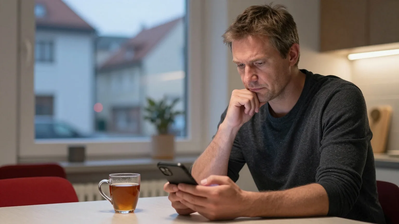 Ein Mann in den Fünfzigern sitzt abends am Küchentisch, hält ein Smartphone mit der Rückseite nach oben und blickt nachdenklich