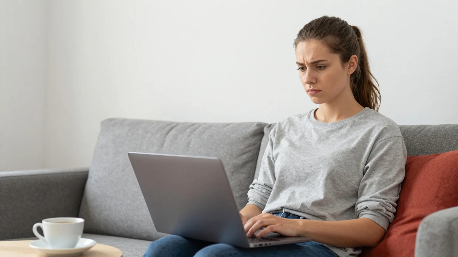 Eine junge Frau in den Zwanzigern sitzt mit zugeklapptem Laptop auf dem Sofa und blickt skeptisch