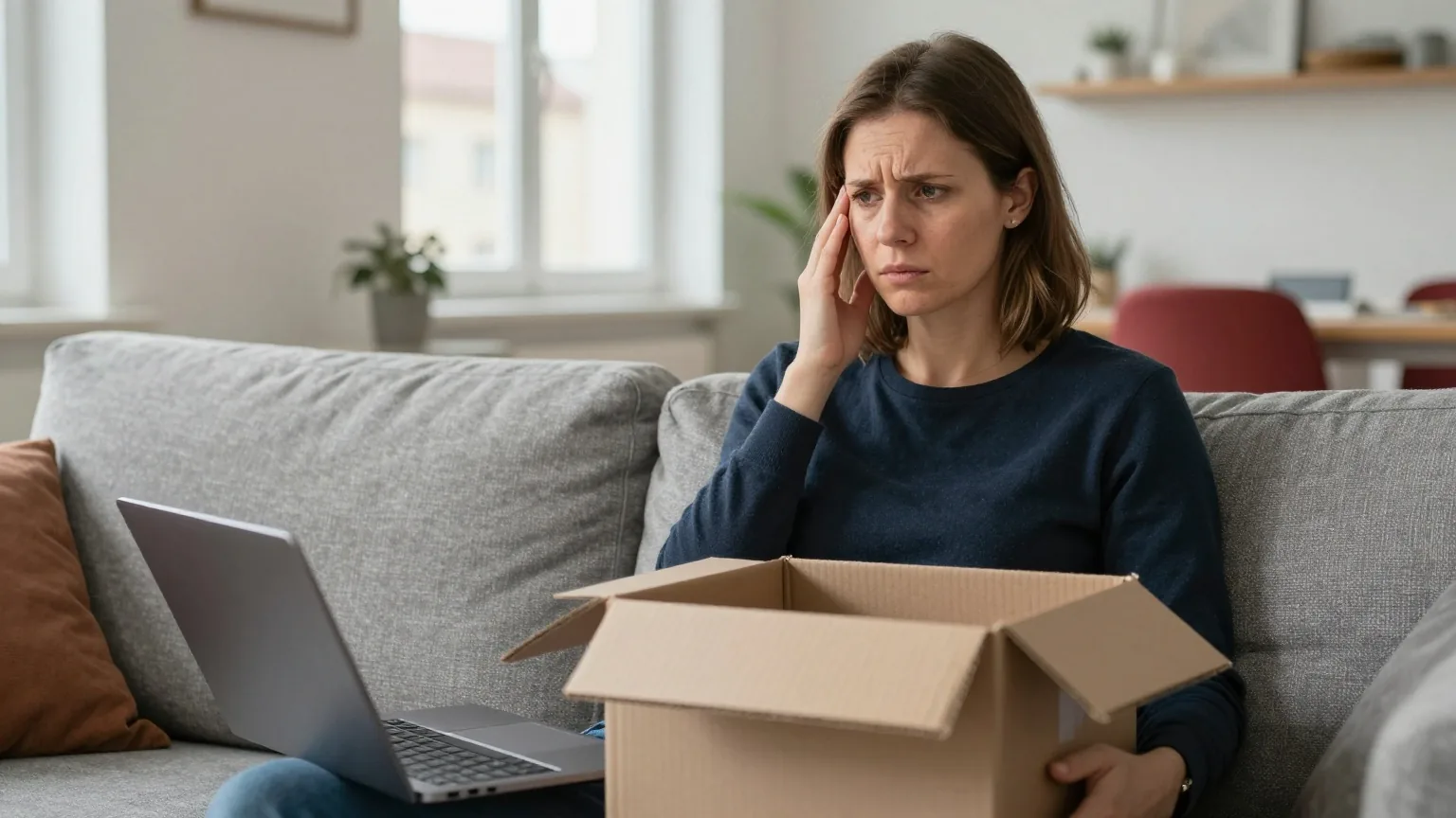Eine Frau in den Dreißigern sitzt auf dem Sofa mit einem leeren geöffneten Pappkarton auf dem Schoß und blickt ratlos