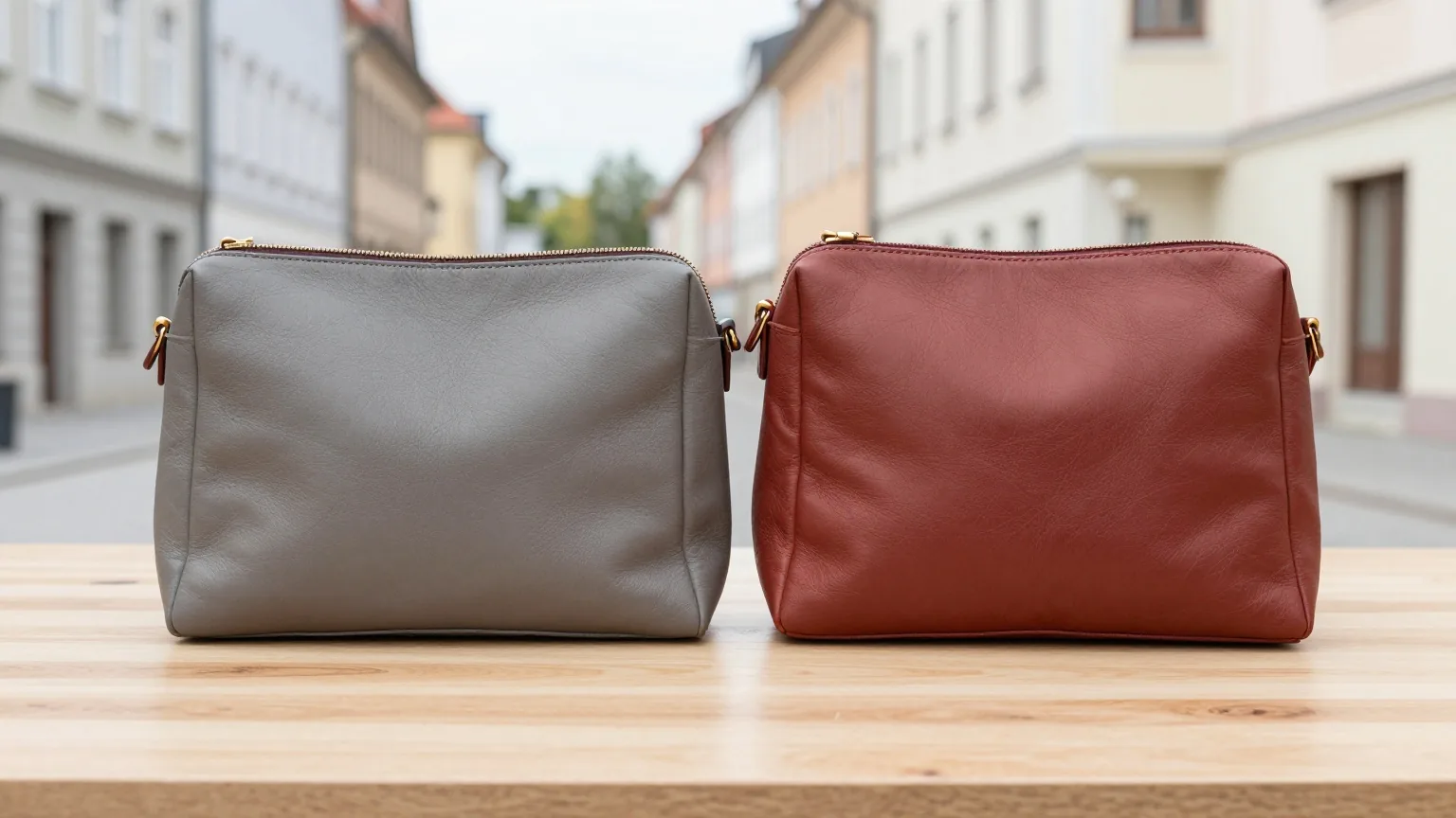 Zwei ähnliche Lederhandtaschen nebeneinander auf einem hellen Holztisch, eine mit sauberen, eine mit ungleichmäßigen Nähten