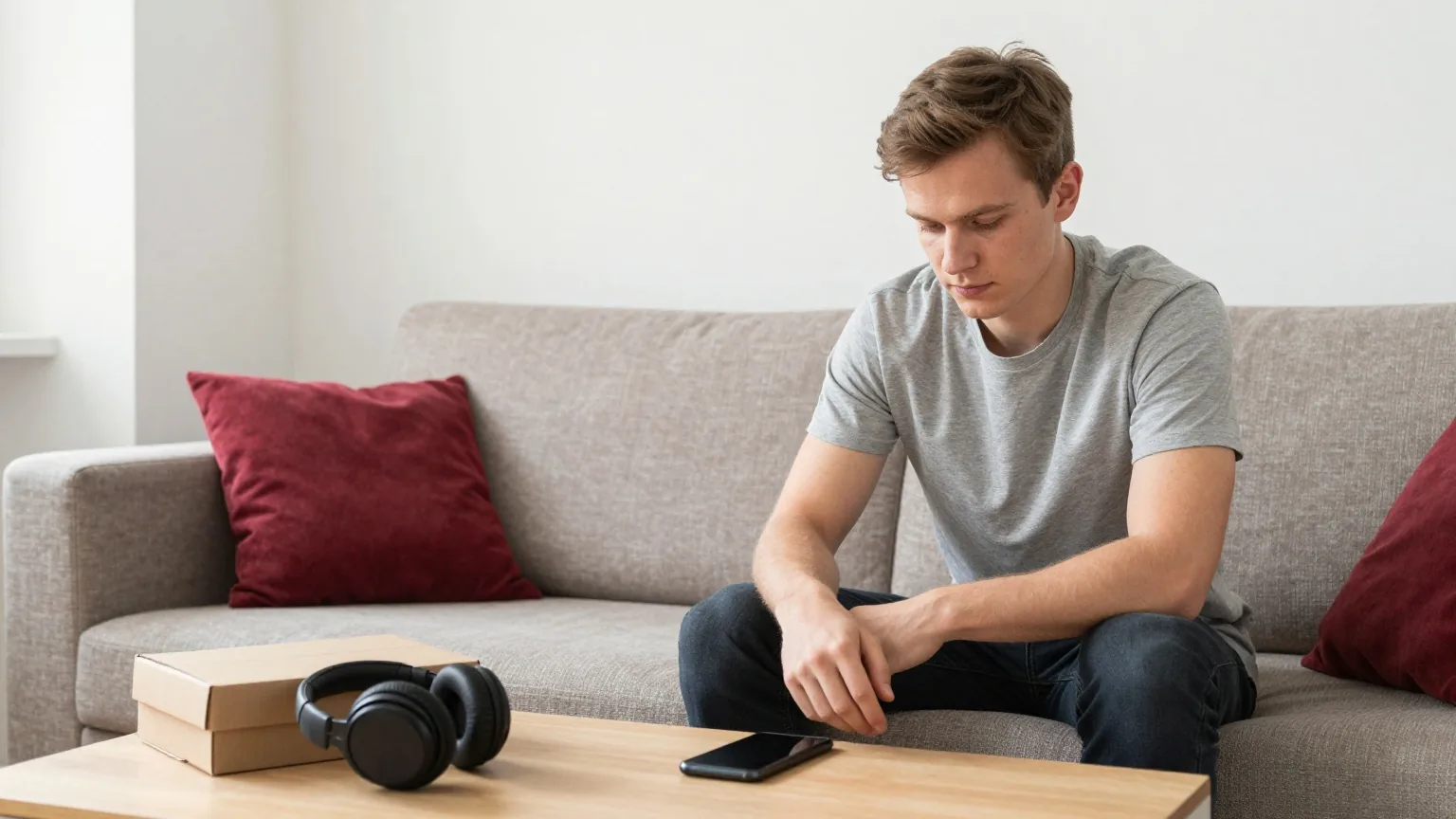 Ein junger Mann sitzt auf dem Sofa, neben ihm ein umgedrehtes Telefon, vor ihm ein Karton mit Kopfhörern