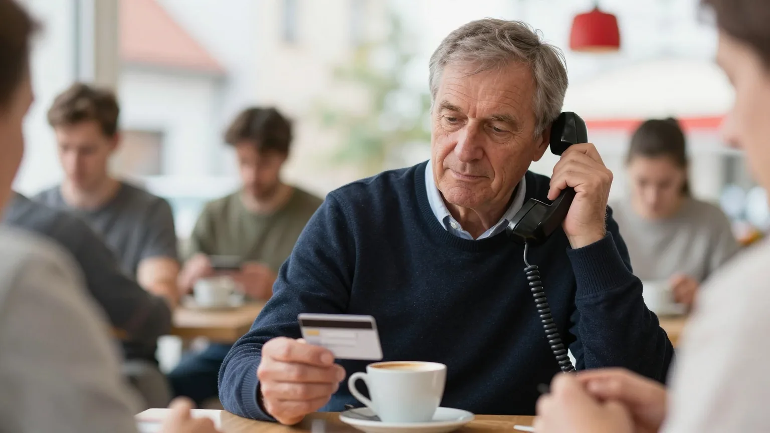 Ein Mann in den Sechzigern sitzt am Esstisch mit Kaffee, hält eine Bankkarte und einen Telefonhörer