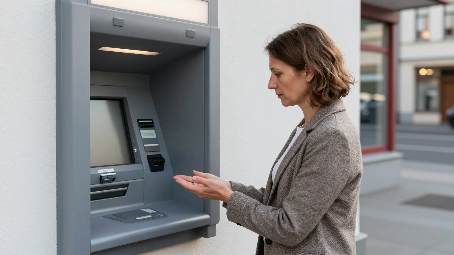 Eine Frau in den Vierzigern steht abends an einem Bankautomaten und verdeckt mit einer Hand ihre Eingabe