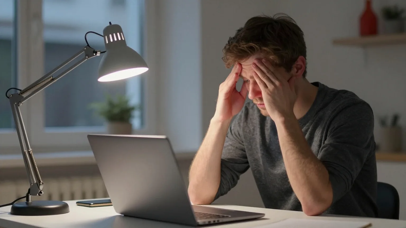 Ein Mann in den Dreißigern sitzt nachts an einem Schreibtisch vor einem zugeklappten Laptop und reibt sich die Stirn