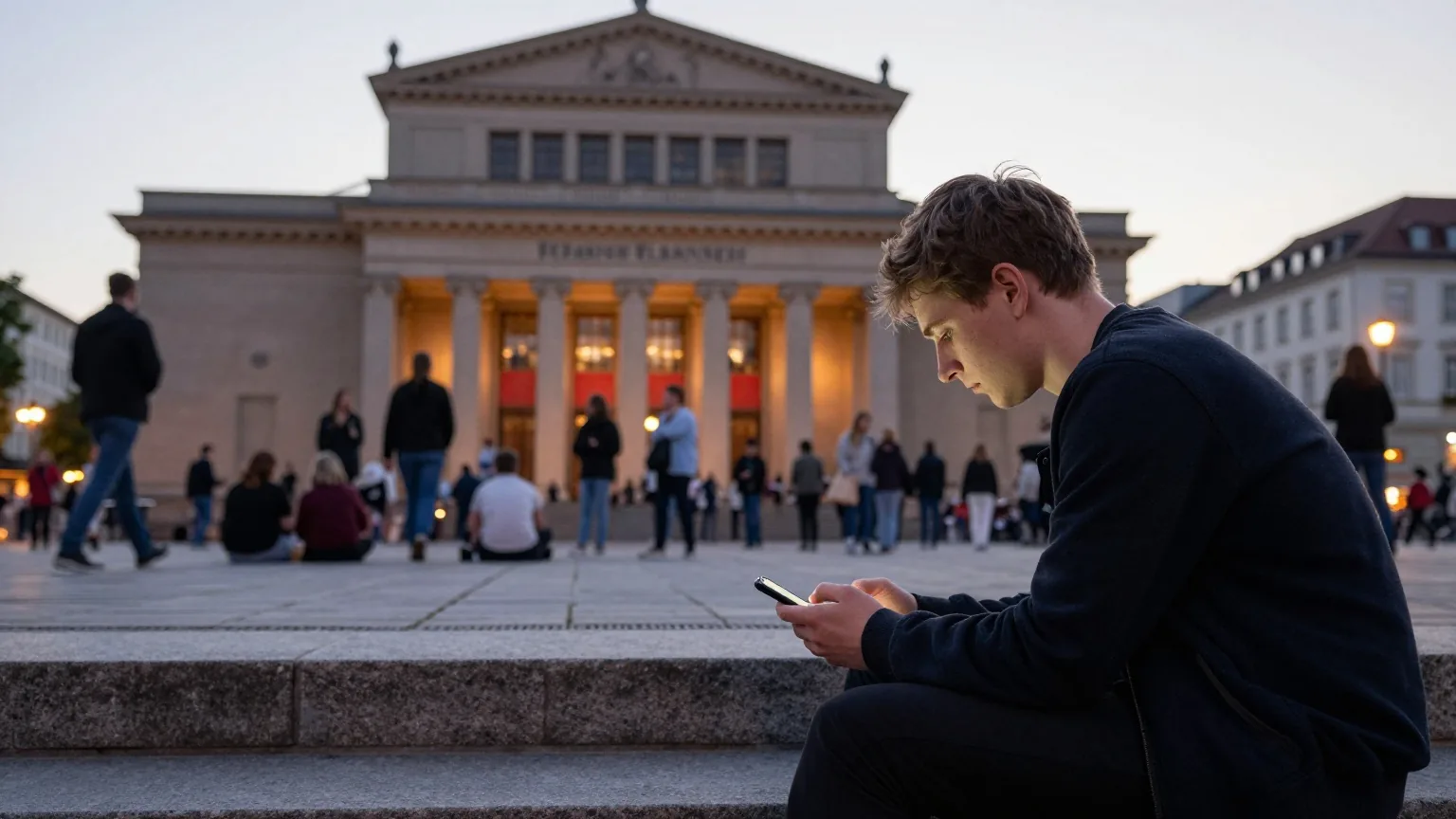 Ein junger Mann in den Zwanzigern sitzt in der Dämmerung auf Stufen vor einer Konzerthalle und blickt auf sein Handy