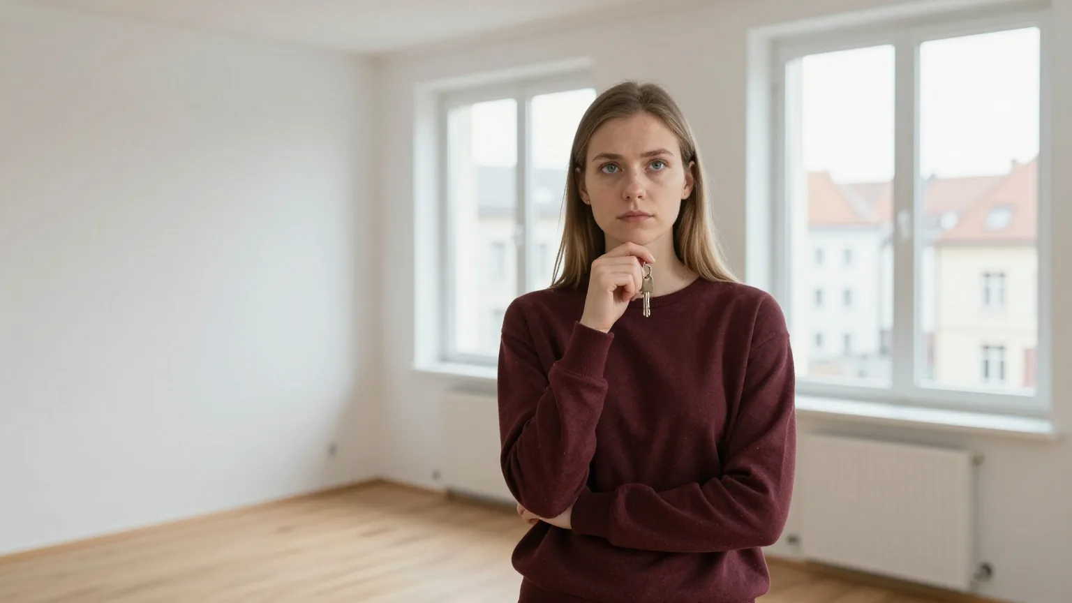 Eine junge Frau in den Zwanzigern steht mit einem Schlüssel in einer leeren, hellen Wohnung mit Holzboden