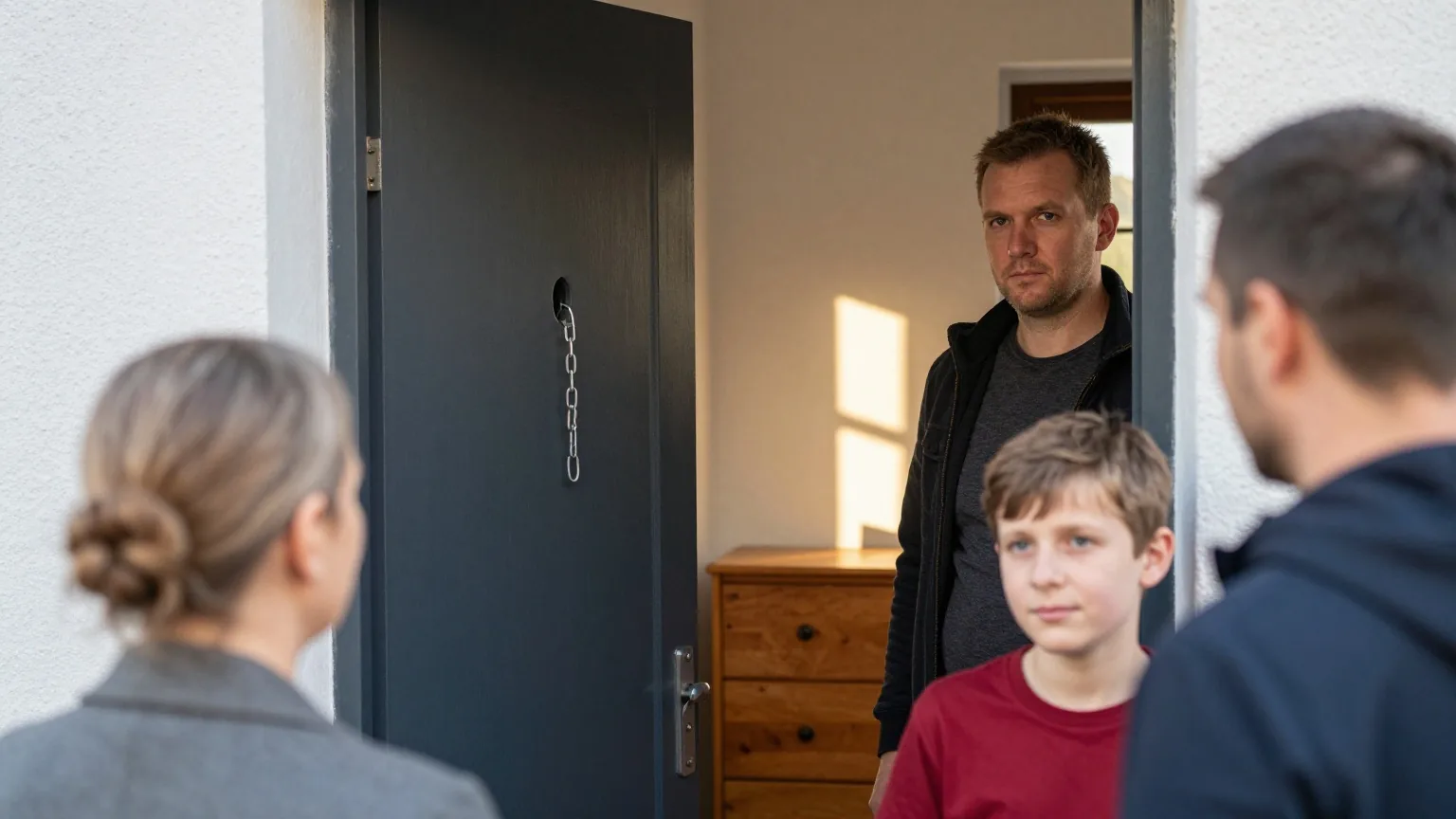 Eine Haustür mit vorgelegter Türkette und Türspion, daneben im Flur eine Holzkommode im warmen Nachmittagslicht