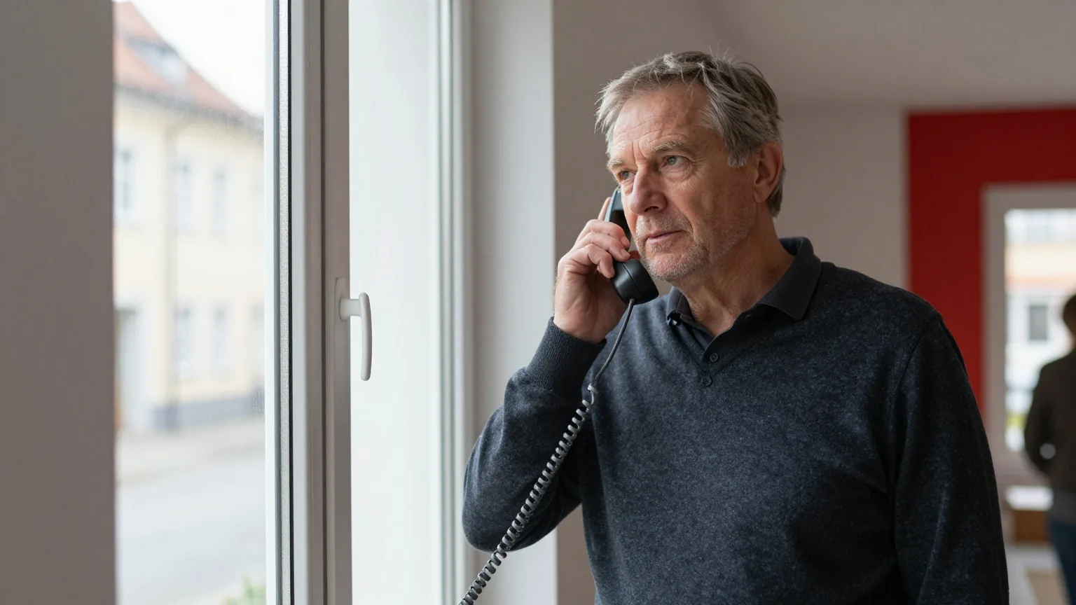 Ein Mann in den Sechzigern steht im Flur und hält den Telefonhörer mit vorsichtigem Blick etwas vom Ohr weg