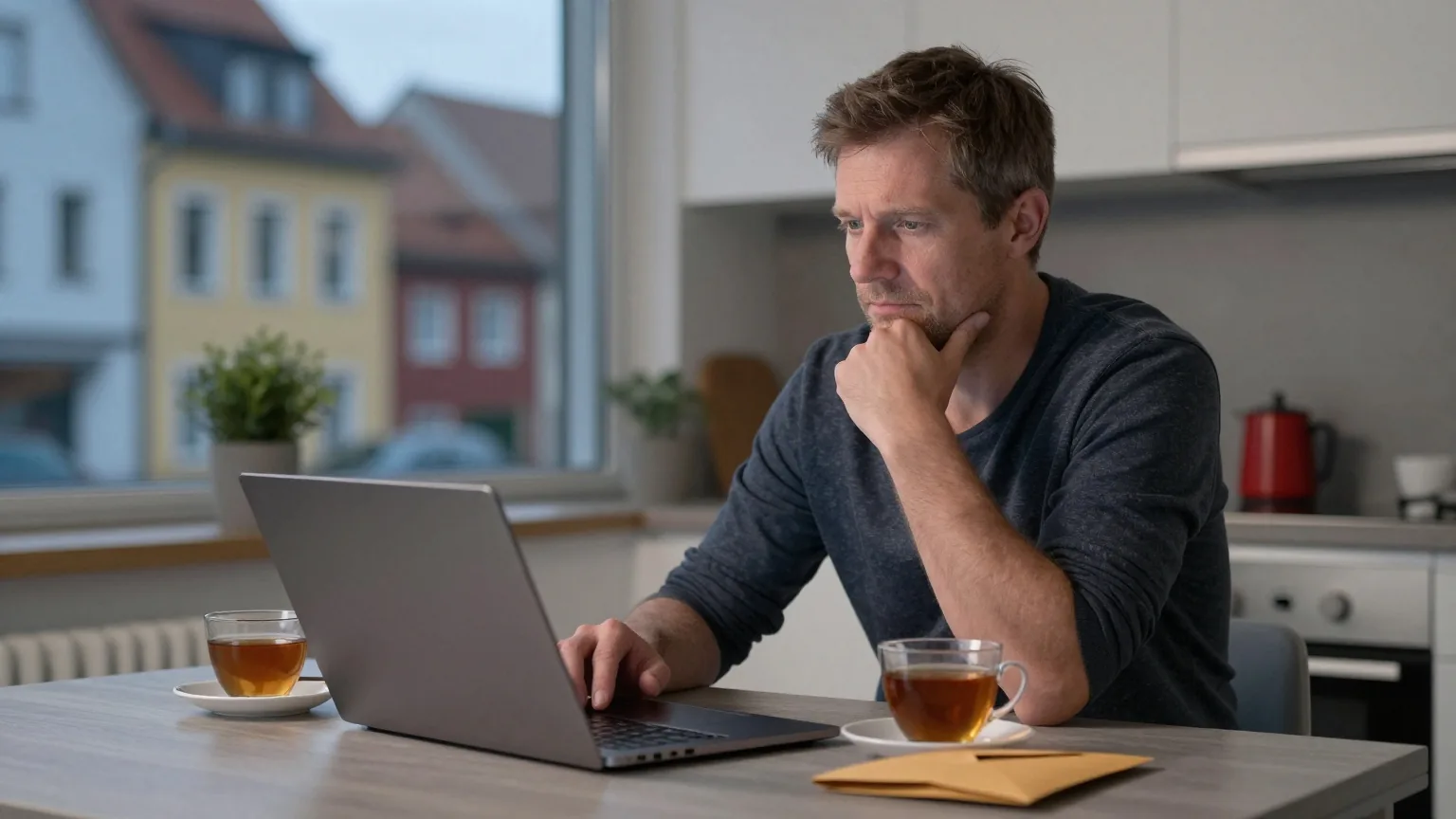 Ein Mann in den Vierzigern sitzt in der Dämmerung am Küchentisch vor einem zugeklappten Laptop und einem geöffneten Briefumschlag