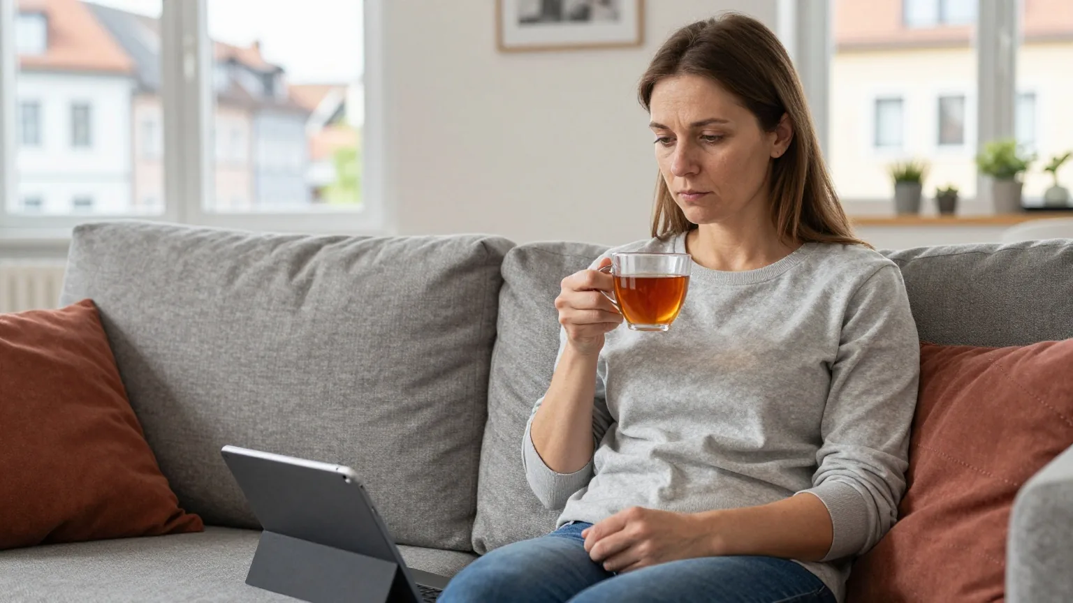 Eine Mutter in den Vierzigern sitzt mit einer Tasse Tee auf dem Sofa, neben ihr liegt ein umgedrehtes Tablet