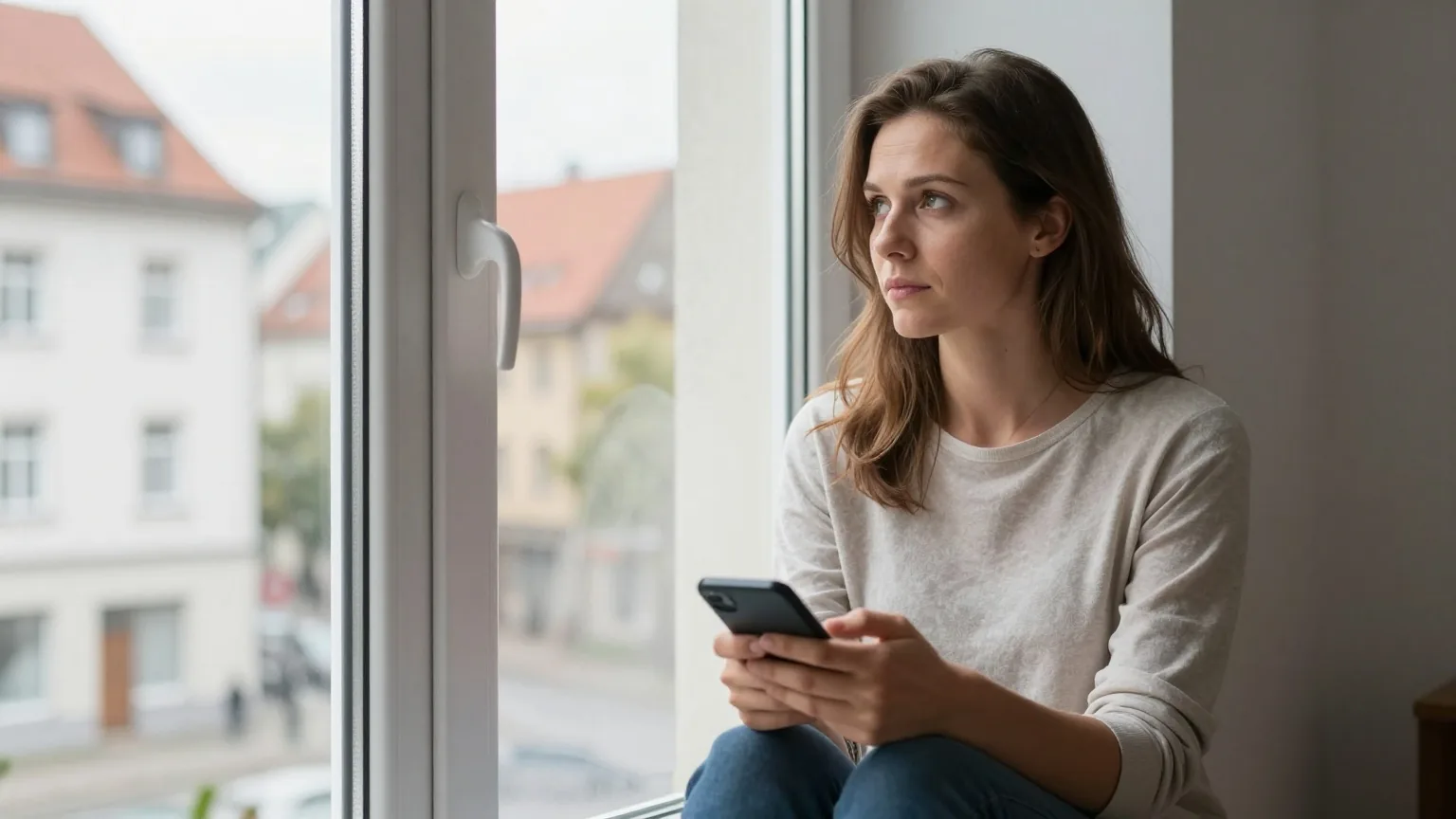 Eine Frau in den Dreißigern sitzt auf der Fensterbank, das Telefon umgedreht im Schoß, und schaut nachdenklich hinaus