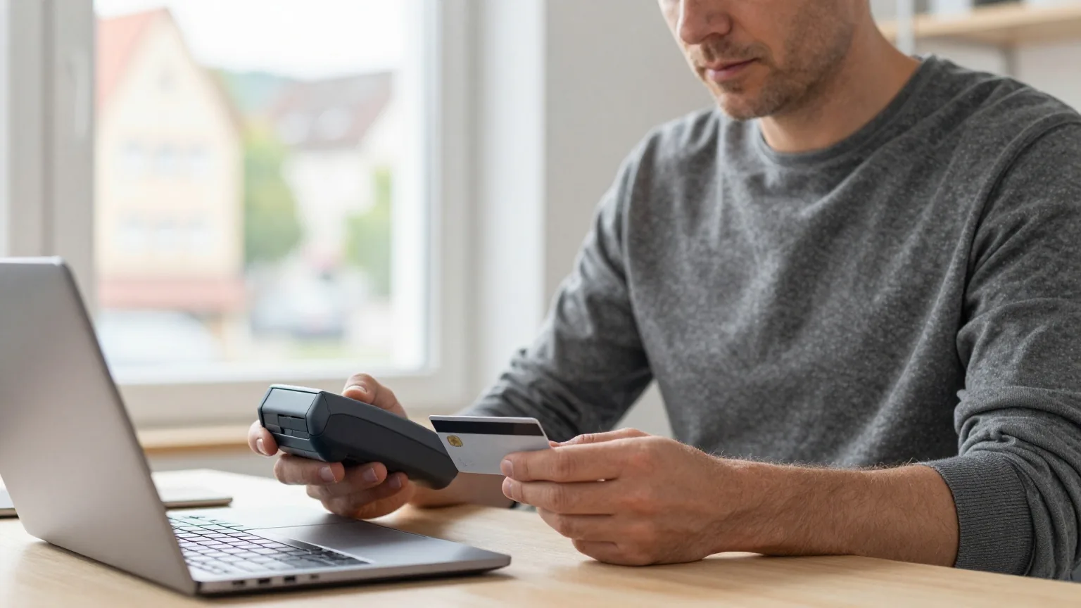 Ein Mann in den Fünfzigern hält am Schreibtisch ein kleines Kartenlesegerät neben einer Bankkarte, vor ihm ein zugeklappter Laptop
