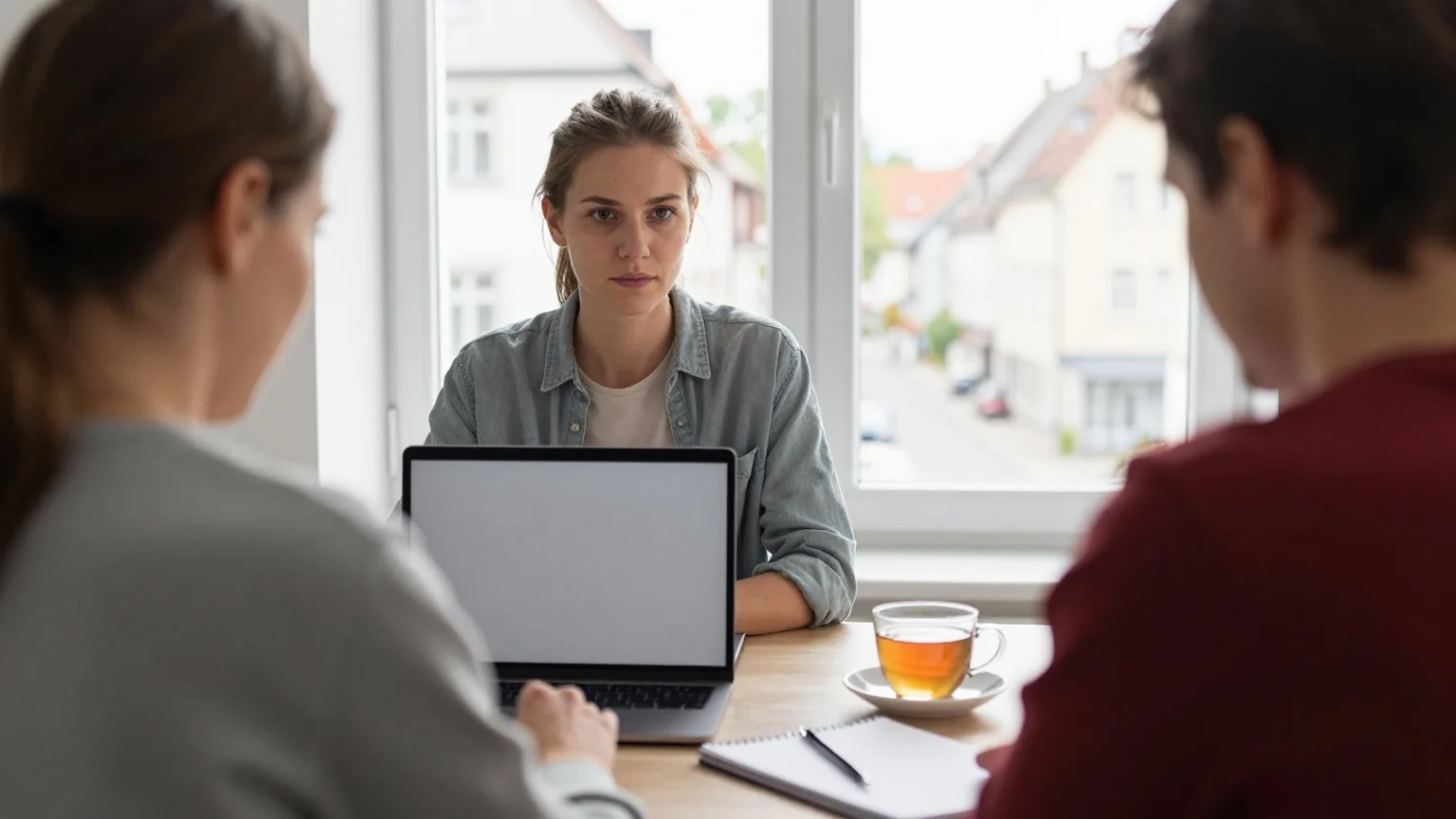 Eine junge Frau sitzt am Küchentisch vor einem Laptop, daneben Notizblock, Stift und eine Tasse Tee
