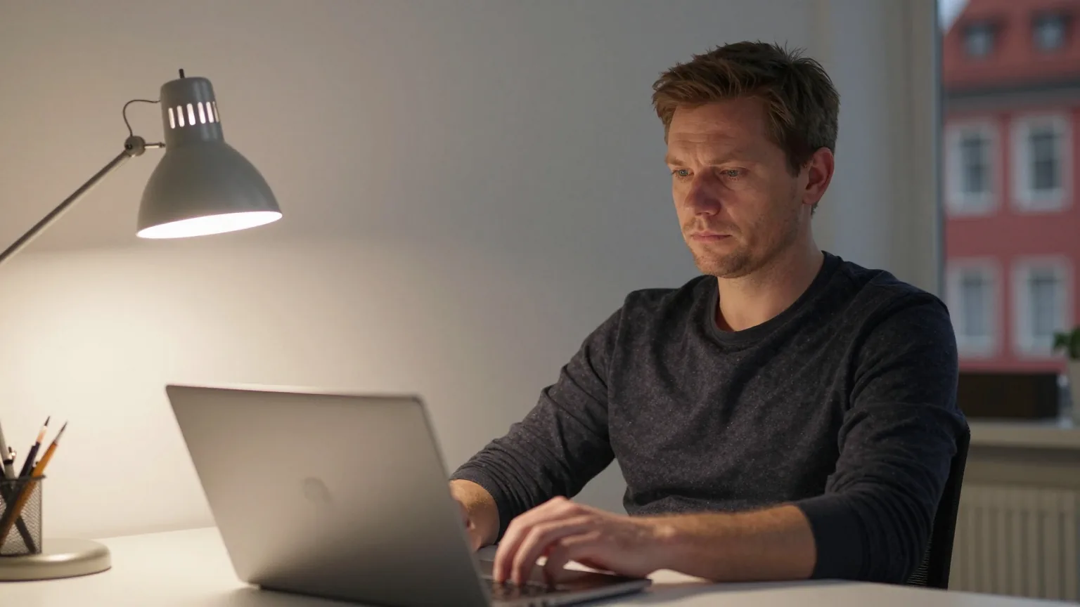 Ein Mann in den Vierzigern sitzt nachts am Schreibtisch vor einem Laptop und lehnt sich ernst zurück