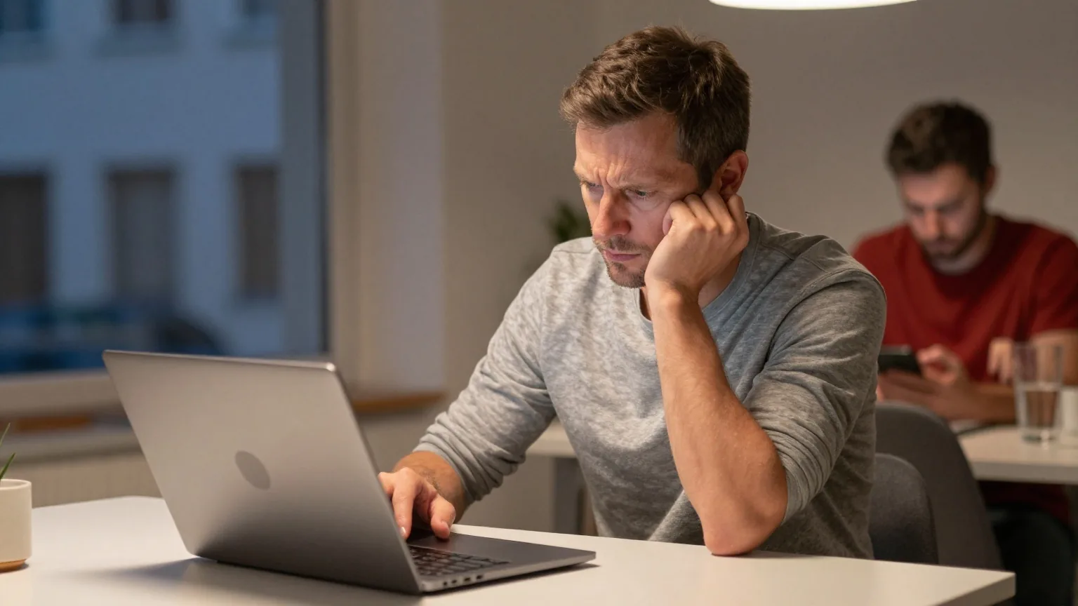 Ein Mann in den Vierzigern sitzt nachts am Esstisch, eine Hand auf einem zugeklappten Laptop