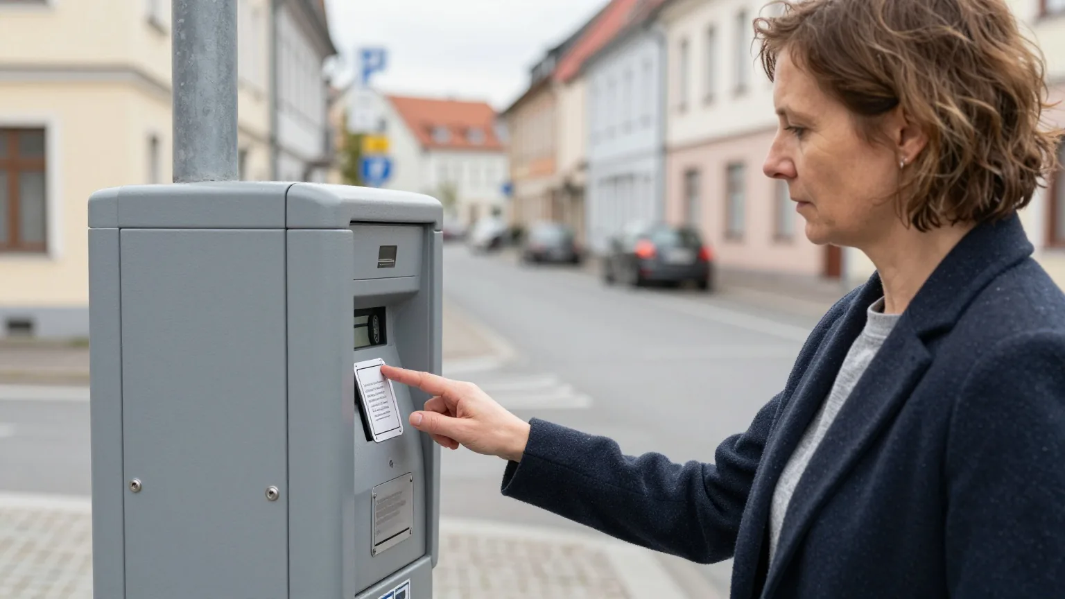 Eine Frau steht an einem grauen Parkautomaten und hebt mit dem Finger die Ecke eines Aufklebers an