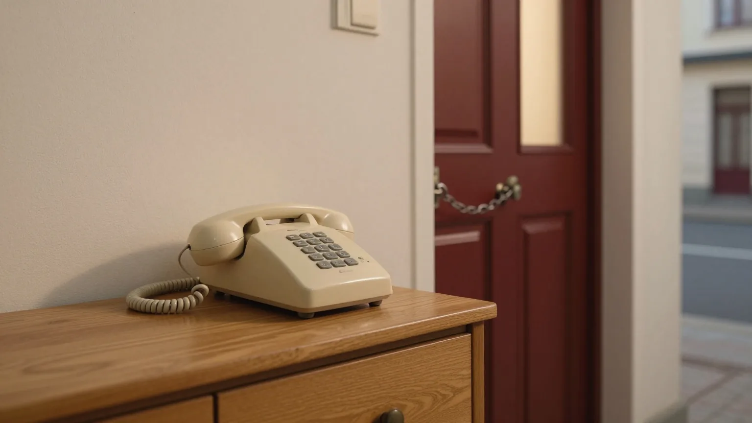 Ein Flur mit Festnetztelefon auf einer Holzkommode, im Hintergrund eine Wohnungstür mit Türkette
