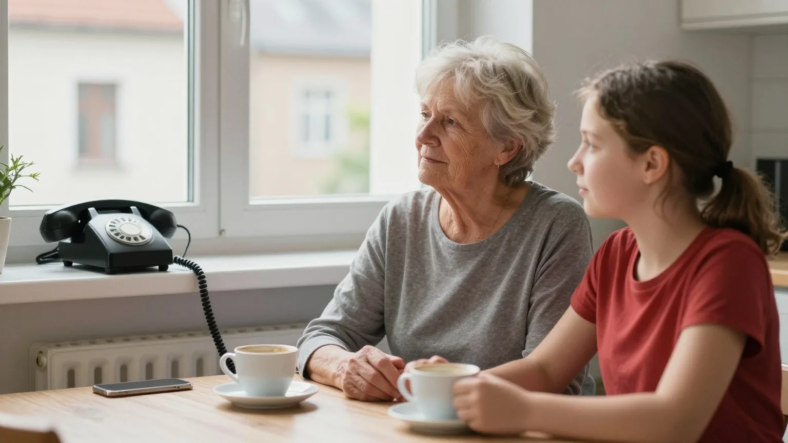 Eine Großmutter und ihre erwachsene Enkelin sitzen mit Kaffee am Küchentisch und unterhalten sich ruhig