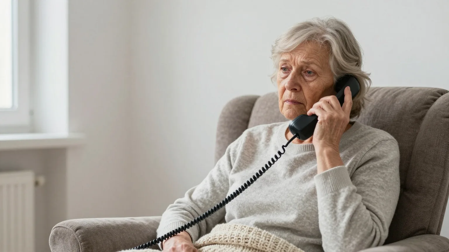 Eine ältere Frau sitzt im Sessel im Wohnzimmer und hält besorgt ein schnurloses Telefon ans Ohr