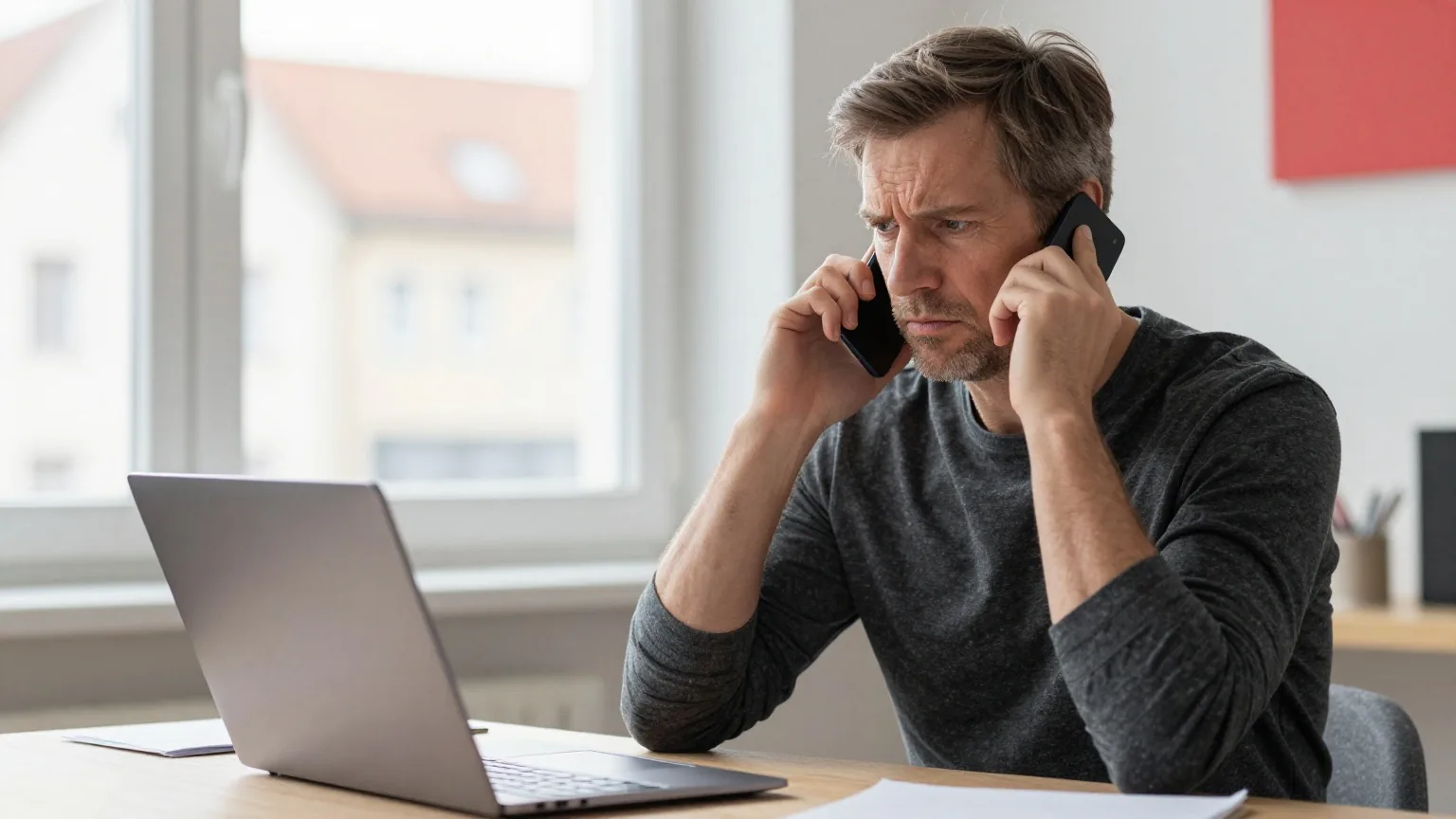 Ein Mann in den Fünfzigern steht im Arbeitszimmer, hält ein Mobiltelefon ans Ohr und runzelt die Stirn