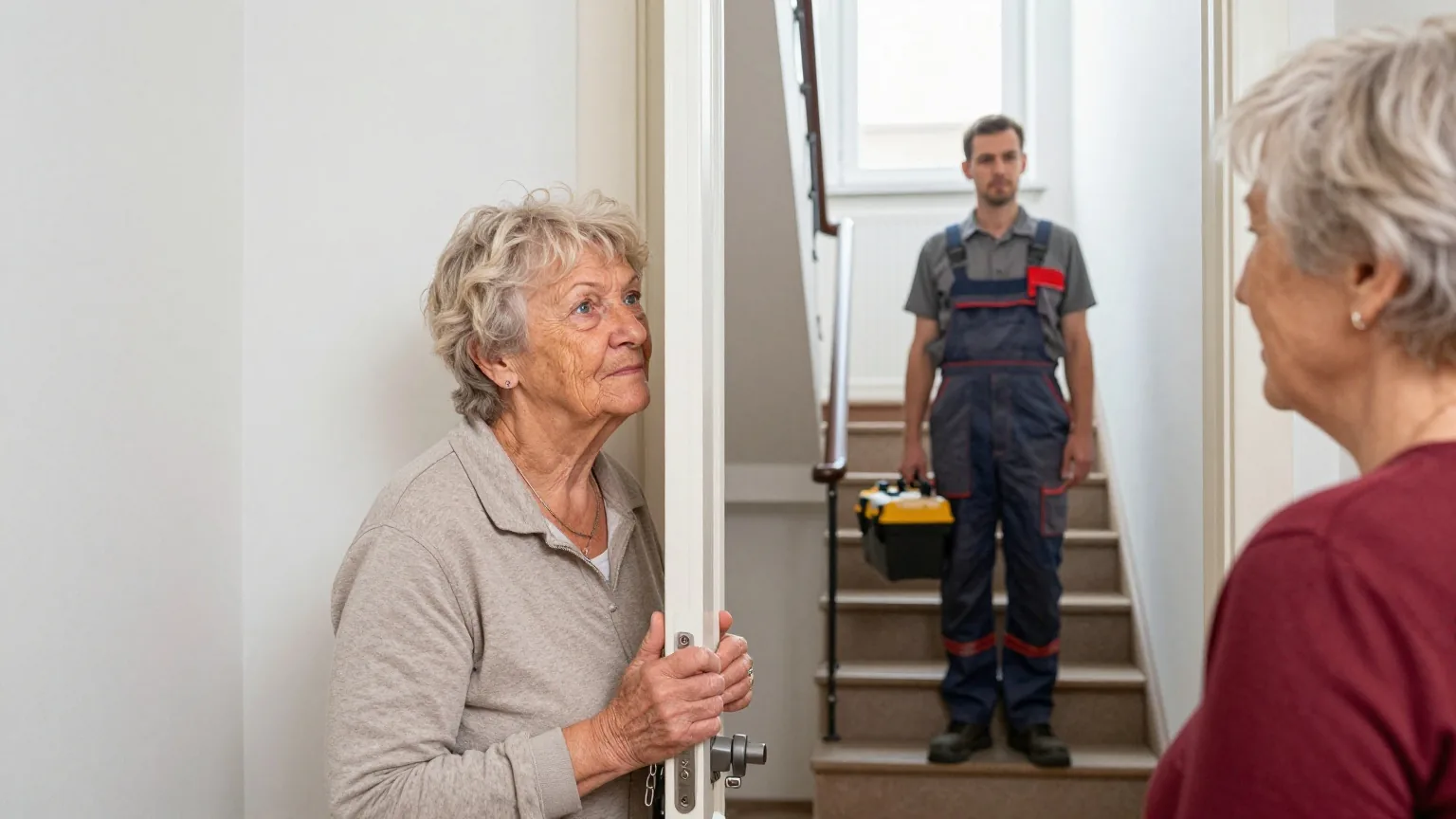 Eine ältere Frau schaut durch die mit Kette gesicherte Wohnungstür auf einen Mann in Arbeitskleidung