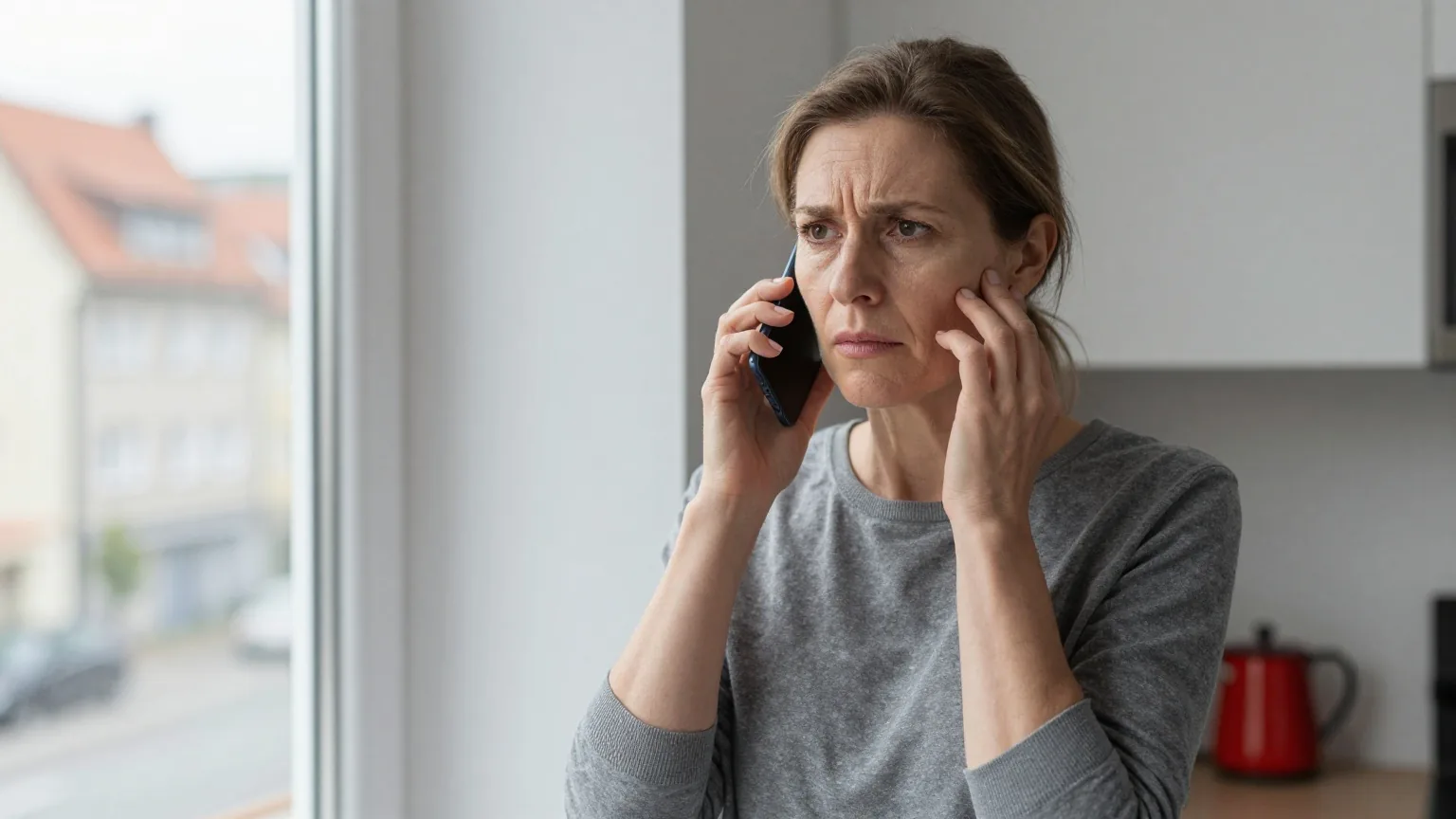 Eine Frau in den Fünfzigern steht am Küchenfenster und hält ein Telefon ans Ohr