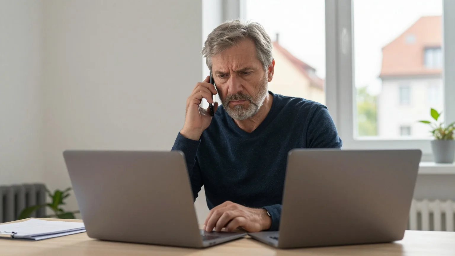 Ein älterer Mann sitzt am Schreibtisch vor einem zugeklappten Laptop und telefoniert