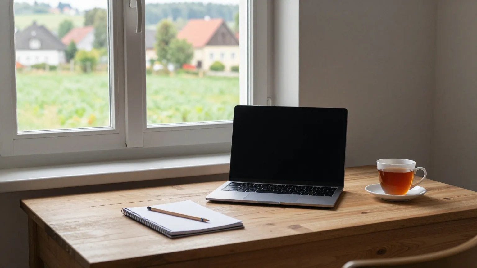 Aufgeräumter Holzschreibtisch am Fenster eines Dorfhauses mit zugeklapptem Laptop, Notizblock, Bleistift und Teetasse
