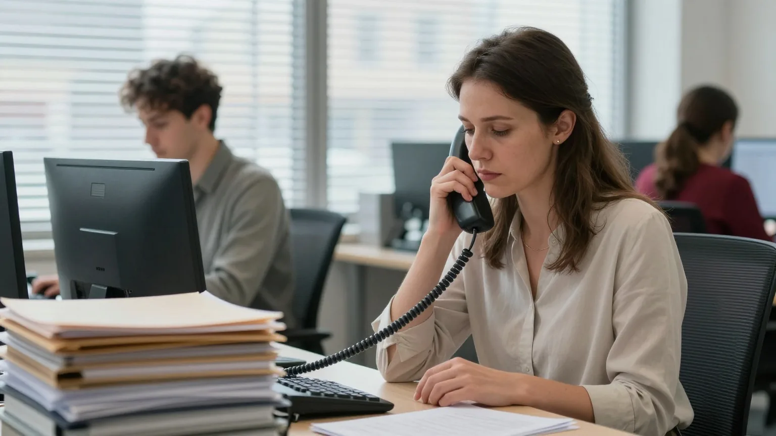 Eine Frau in den Dreißigern hält in einem Büro inne, die Hand über dem Tischtelefon, daneben Ordner