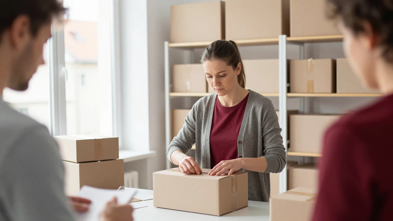 Eine Frau in den Dreißigern verklebt in einem kleinen Lager mit Regalen einen Karton am Packtisch