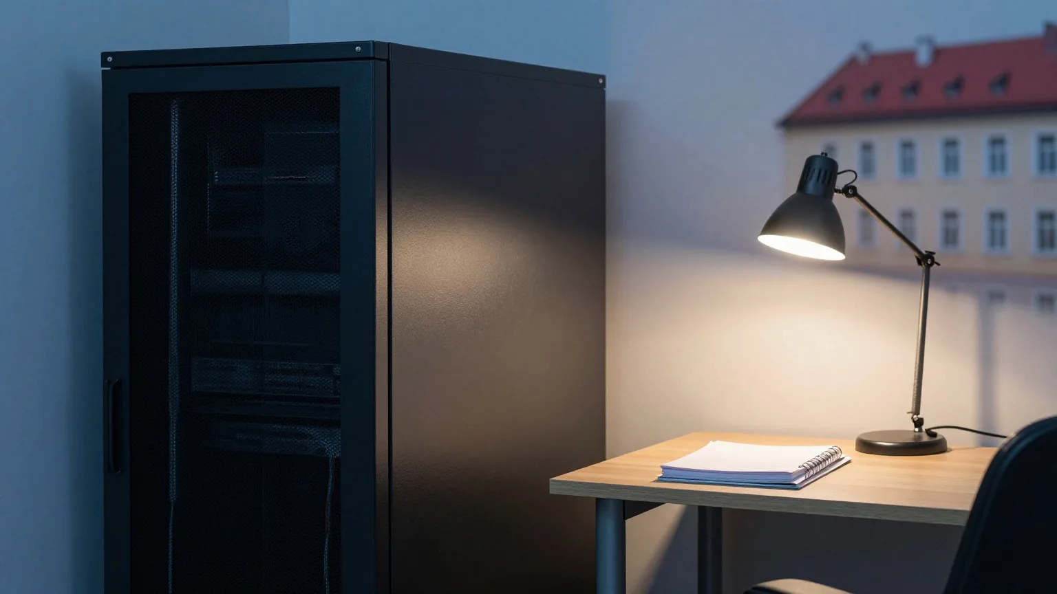 Ein kleiner Serverraum bei Nacht mit geschlossenem Serverschrank und einem Ordner im Licht einer Tischlampe