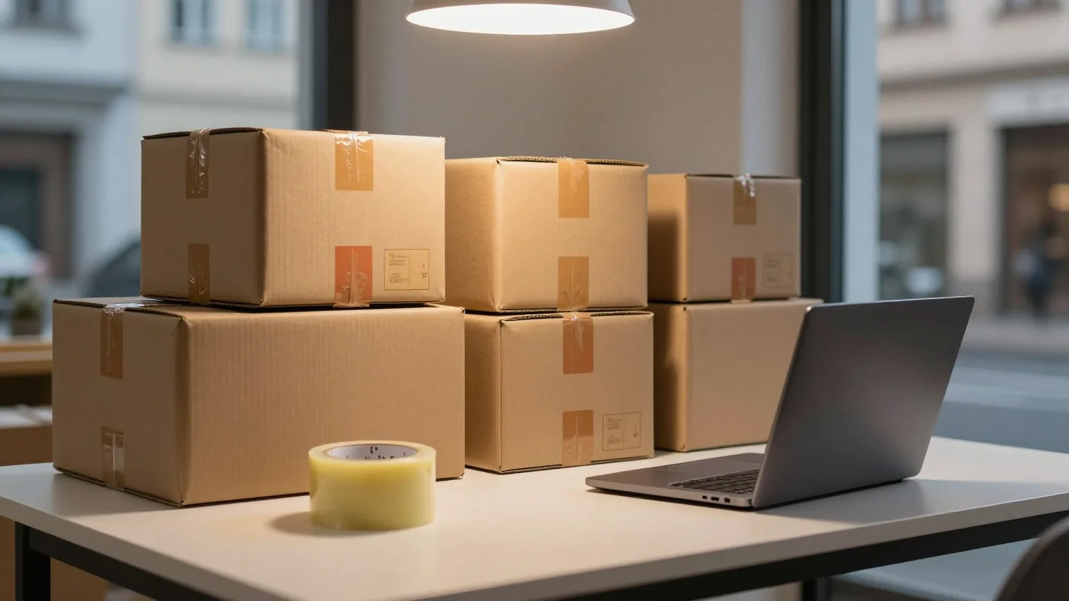 Ein kleiner Packraum eines Onlinehändlers am Abend mit gestapelten Paketen, Klebeband und zugeklapptem Laptop