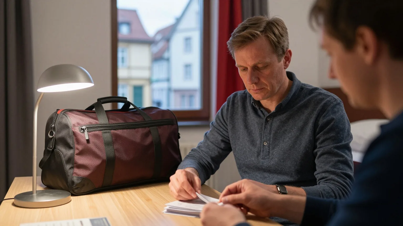 Ein Mann in den Vierzigern sortiert abends am Schreibtisch eines Hotelzimmers einen kleinen Stapel Zettel neben seiner Reisetasche